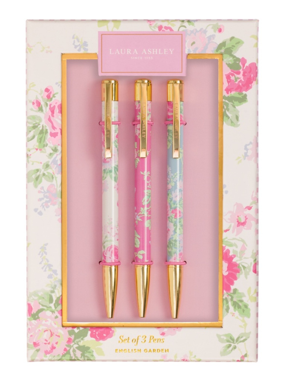 NEW Laura Ashley English Garden Pen Set of 3 Floral Gold-Accent Ballpoint